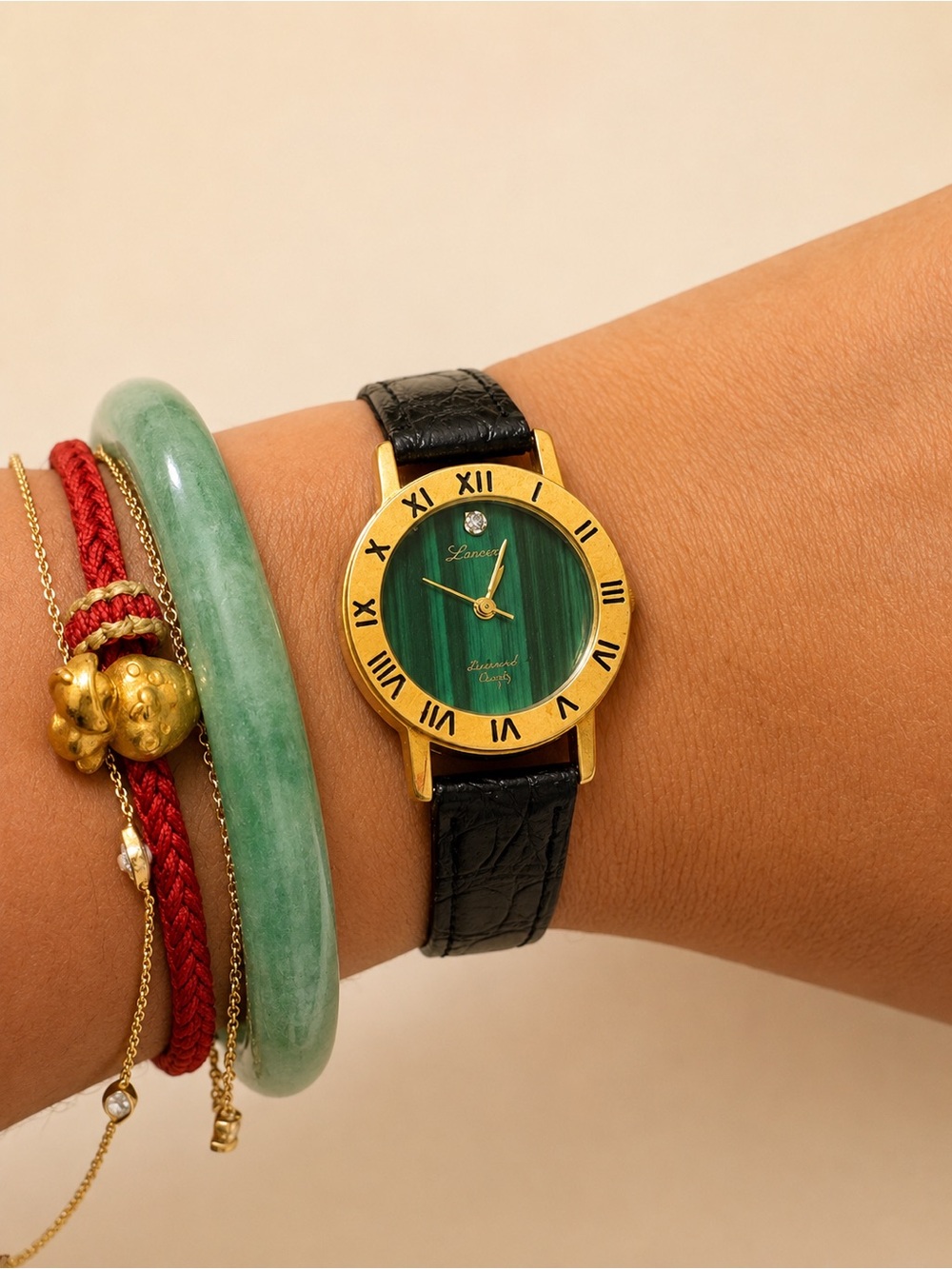 Green Dial Gold-Tone Women’s Watch with Black Leather Strap